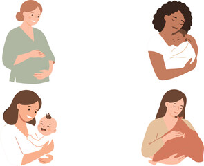 Fototapeta premium Diverse mothers caring for newborn babies and happy pregnant woman representing maternity parenting and lactation set vector illustration