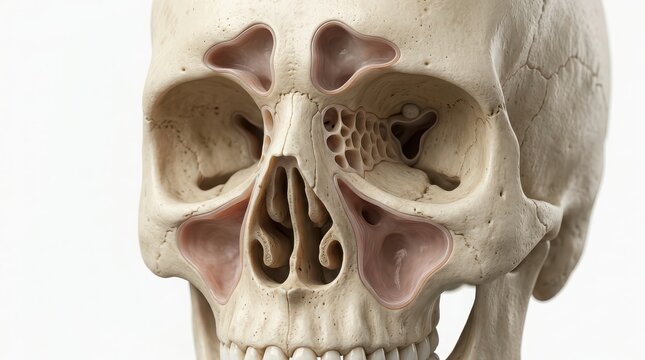 Anatomical illustration of human skull showing paranasal sinuses and nasal cavity anatomy head