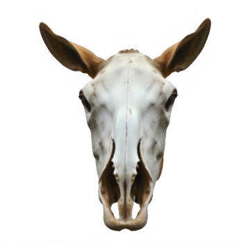 Donkey skull with distinct halftone pattern and natural horn texture on gray background.