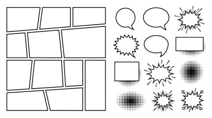 Fototapeta na wymiar Comic book panels and speech bubble action elements.