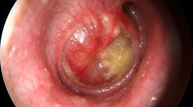 Close-up view of an inflamed human ear canal with tympanic membrane and discharge Keywords: ear, human, ear canal, tympanic membrane, eardrum