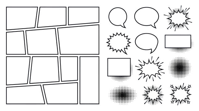 Comic book panels and speech bubble action elements.