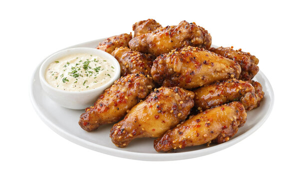 Crispy glazed chicken wings, spicy buffalo wings with ranch dip, fried poultry appetizer