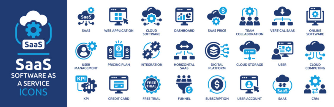 SaaS Icons Set. Cloud Software, Web Application, Dashboard, User Management, CRM, Subscription, Pricing, Integration and Business Technology Solid Vector Icons Collection