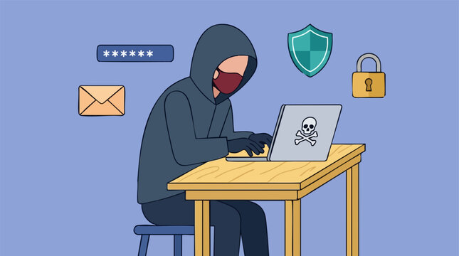 Hacker in a mask on laptop, with cybersecurity and data theft icons