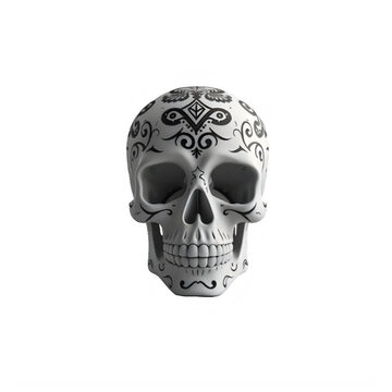 Mexican sugar skull with black filigree floral patterns on white bone for day of dead art.