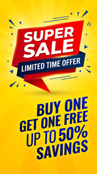 Bold red and blue banner announcing a super sale with limited time offer, symbolizing a great opportunity for savings and shopping