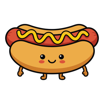 Cute Kawaii Hot Dog Mascot with Mustard Fast Food Illustration