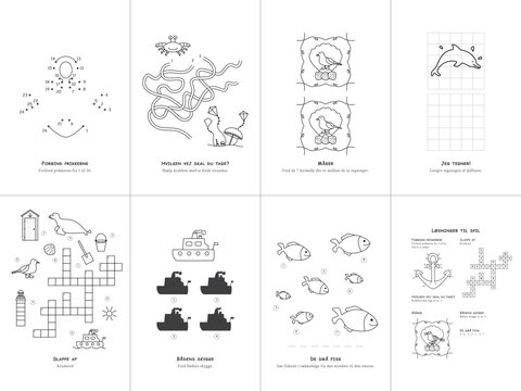 Set of 7 sea theme games. Danish language. Vector illustration. Set No. 1.