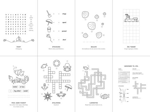 Set of 7 sea theme games. Danish language. Vector illustration. Set No. 2.