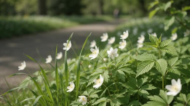 公園の散策路沿いに咲く白い花と鮮やかな緑を捉えた季節の植物シーン