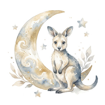 Watercolor illustration of a cute baby kangaroo sitting beside a crescent moon, isolated on a pure white background, muted blue-gray, cream, dusty gold.