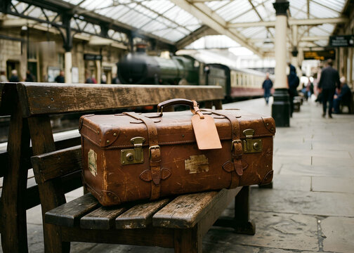 Vintage brown leather suitcase on a bench at a train station