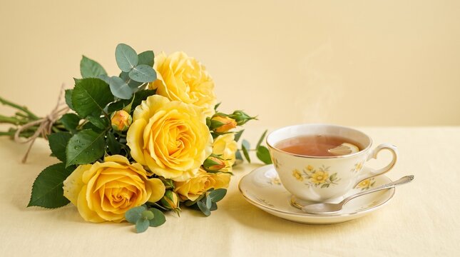 cup of tea with yellow roses isolated on soft yellow back ground