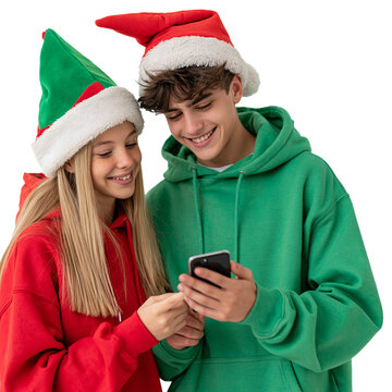 Teenage couple in hoodies and Christmas hats looking at a smartphone together isolated on transparent or white background, png