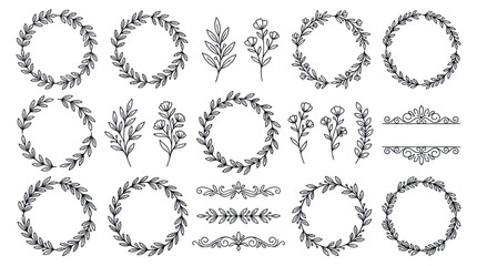 Fototapeta premium Hand drawn floral wreaths and botanical dividers set.