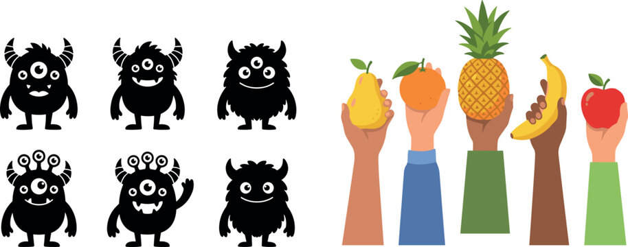 Diverse hands holding fresh healthy fruits like pineapple pear orange banana and apple next to cute black monster silhouette cartoon characters isolated on white background