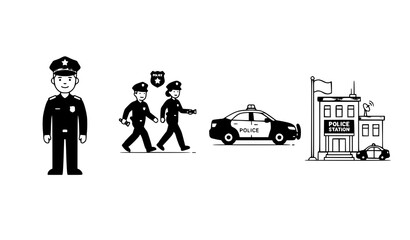 Police Officer Character Icons, Cop Patrol Car and Police Station Stick Figure Vector Icon Set for Law Enforcement Design © MdRimon