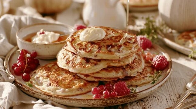 Golden pancakes topped with cream and raspberries, rustic breakfast scene for food, baking, brunch, homemade meals, sweet treats and comfort at home.