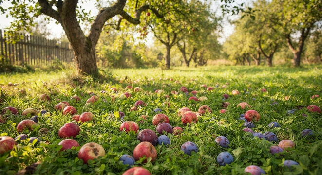 Reifes Fallobst im sp&auml;tsommerlichen Obstgarten &ndash; Rote &Auml;pfel und Zwetschgen im hohen Gras unter alten B&auml;umen