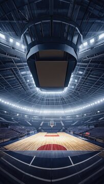 Modern Empty Basketball Arena Interior - Dramatic Lighting and Large Screen Display for Sports, Events, and Competition