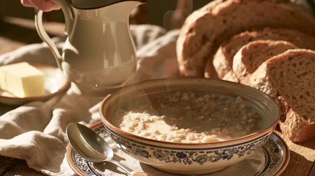 Warm buckwheat porridge in a ceramic bowl with milk being poured over the grains, creating a cozy homemade breakfast scene with rustic kitchen styling.