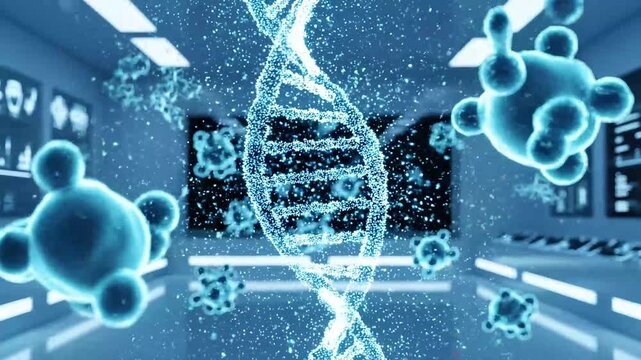 Digital genetic code visualization with blue atoms for pharmaceutical innovation presentation clip