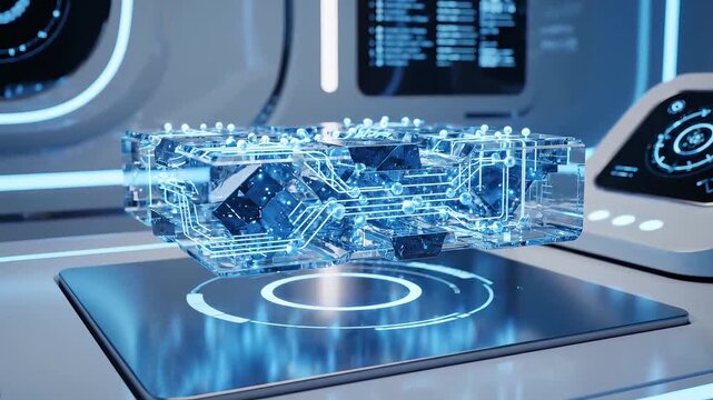 Glowing blue holographic circuit component over lab projection pads for quantum computing ads