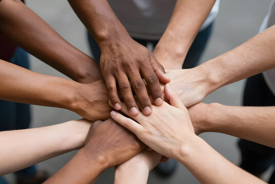 Close up of diverse multiracial people stacking hands together showing unity teamwork and support concept