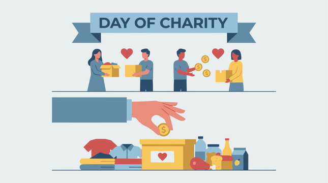 Day of Charity illustration showing people donating clothes, food, and money to help the needy