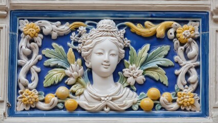 Obraz premium Elaborate Ceramic Bust of Woman Surrounded by Lush Foliage and Citrus Fruits, Decorative Architectural Detail.