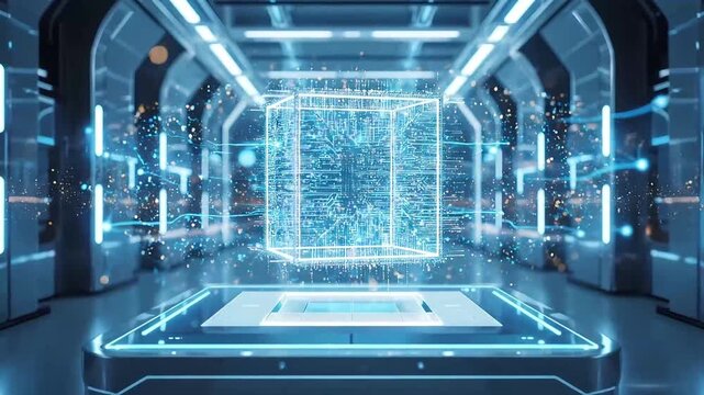 Glowing blue holographic cube in a futuristic lab corridor for advanced quantum computing ads