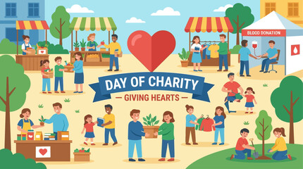 Fototapeta premium Diverse volunteers participating in community day of charity event with donation stands for food clothes and blood in public park