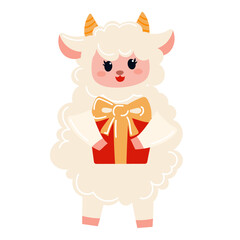 Obraz premium Cute kawaii goat holding gift box isolated on white, fluffy cartoon sheep with red present and gold bow for Chinese New Year 2027 Year of the Goat, flat vector illustration clipart.