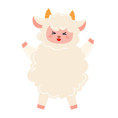 Fototapeta premium Cute kawaii excited goat character with raised hooves isolated on white, fluffy cartoon sheep celebrating for Chinese New Year 2027, flat vector illustration clipart.