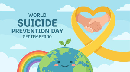 Obraz premium World Suicide Prevention Day Banner with Earth, Yellow Ribbon, and Helping Hands for Mental Health Awareness