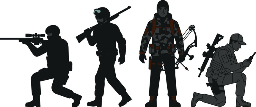 Military Soldier and Tactical Hunter Silhouette Vector Set with Sniper Rifle Compound Bow Shotgun and Special Forces Operative Characters
