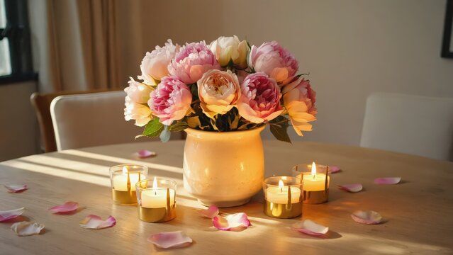 Romantic Floral Arrangement with Candles on Wooden Table - Elegant Table Setting for Intimate Gathering or Celebration.