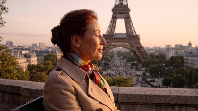 Mature elegant womans peaceful contemplation at beautiful Parisian sunset, Eiffel Tower backdrop, Frances iconic symbol, embodying timeless sophistication and serene European capital views