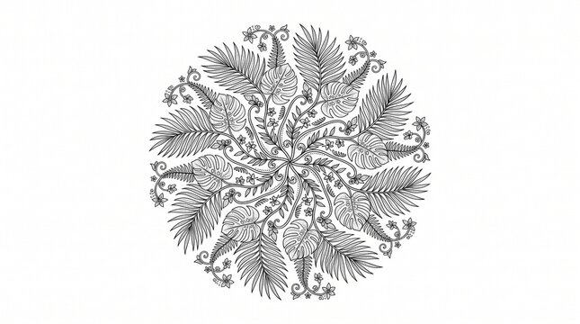 Botanical tropical mandala with intricate leaves and floral line art