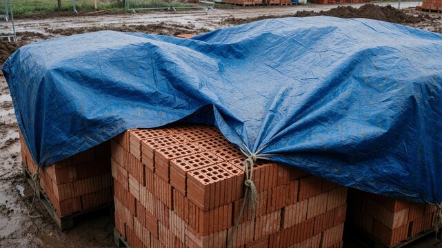 Brick stacks on construction site covered by blue tarp