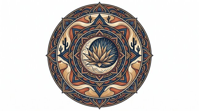 Desert lotus mandala with cactus motifs and intricate southwestern geometric ornament