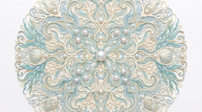 Elegant ocean inspired mandala with seashell, coral, pearl and flowing ornamental pattern