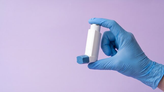 Hand in Medical Glove Holding an Asthma Inhaler for Respiratory Health Care