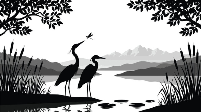 Elegant black and white vector illustration featuring two graceful herons standing by a calm lake with mountains in the distance