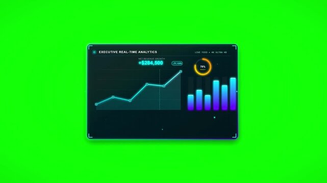 Executive real-time analytics dashboard with rising line graph and bar charts on green screen for chroma key compositing in business, financial, and data visualization video projects.