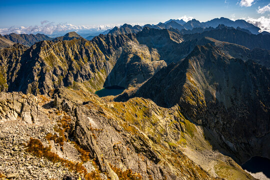 Panoramic view of High Tatras mountain range peaks and ridges seen from Krivan summit
