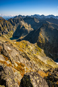 Panoramic view of High Tatras mountain range peaks and ridges seen from Krivan summit