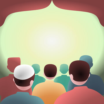 Muslim Men Congregation Gathered in Mosque for Islamic Sermon Vector Illustration with Copy Space
