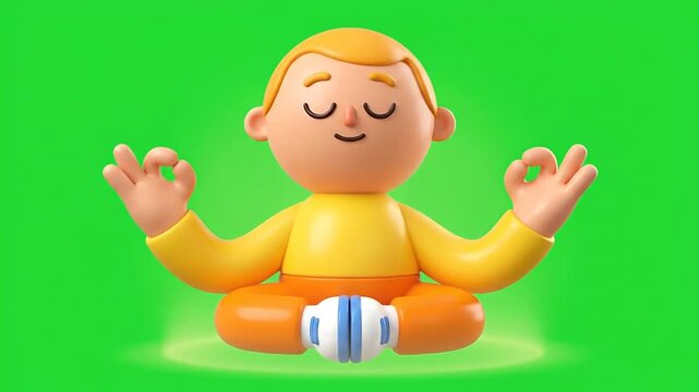 3d emoji character meditating in lotus yoga pose on green screen